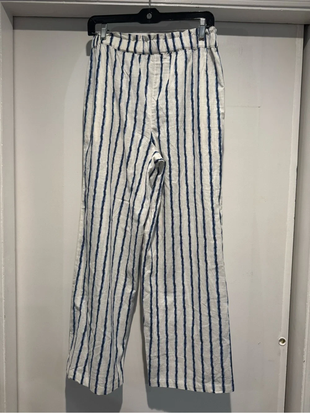 Deja Bleu Premium Wide Leg Pants L White Blue Stripe Cotton Beach BOHO